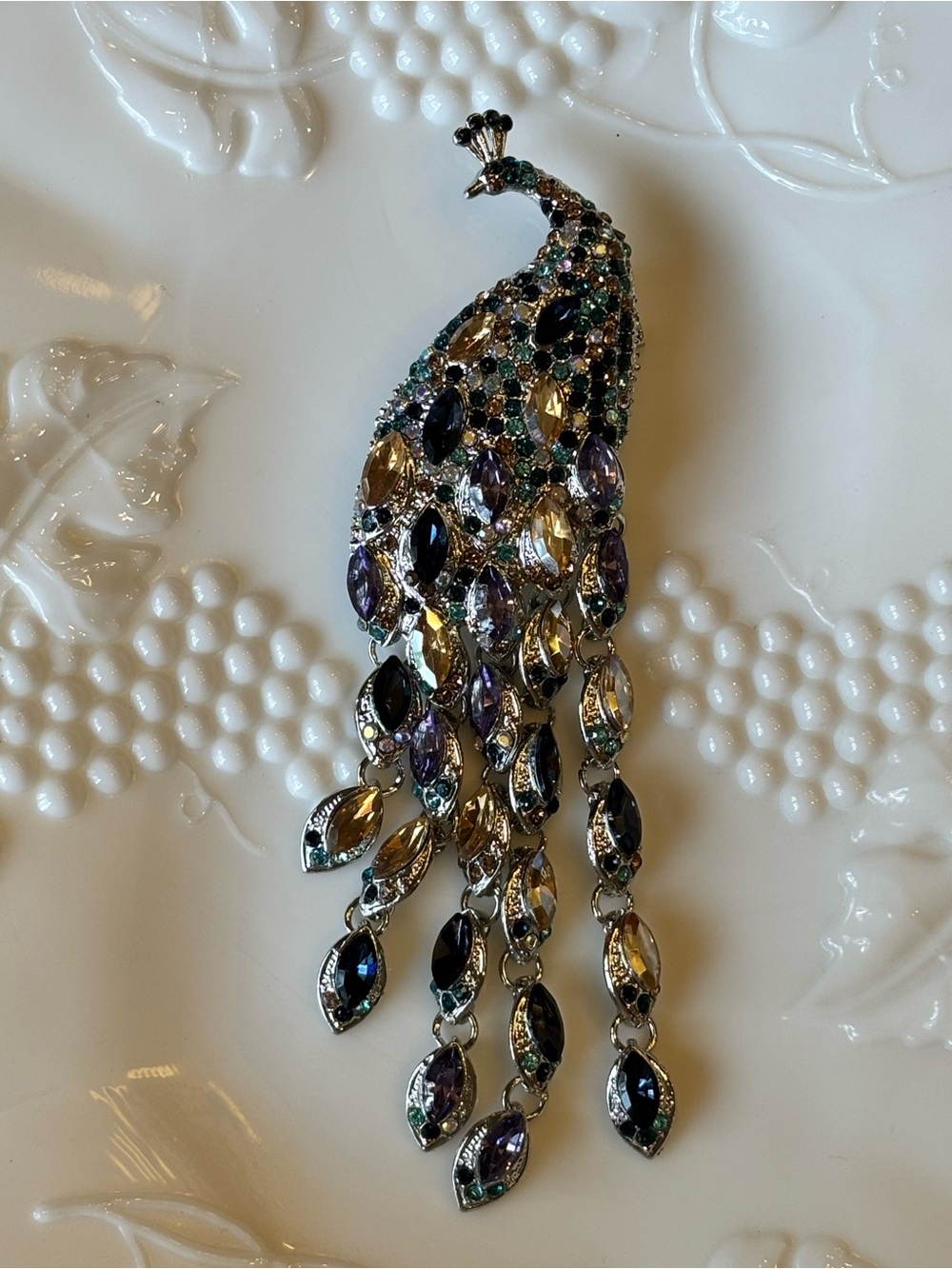 Vintage Oversized Peacock Rhinestone Brooch 5” Dangling Tail